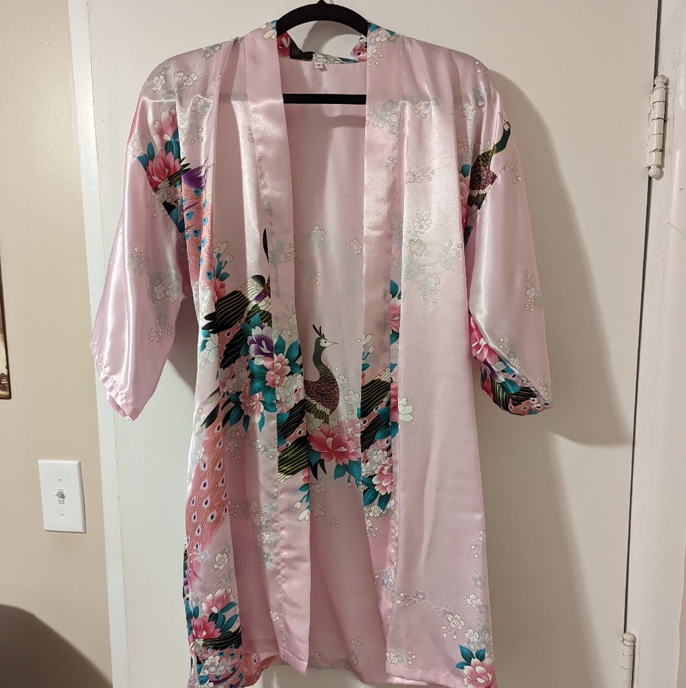 Pink silk peacock print robe, size small